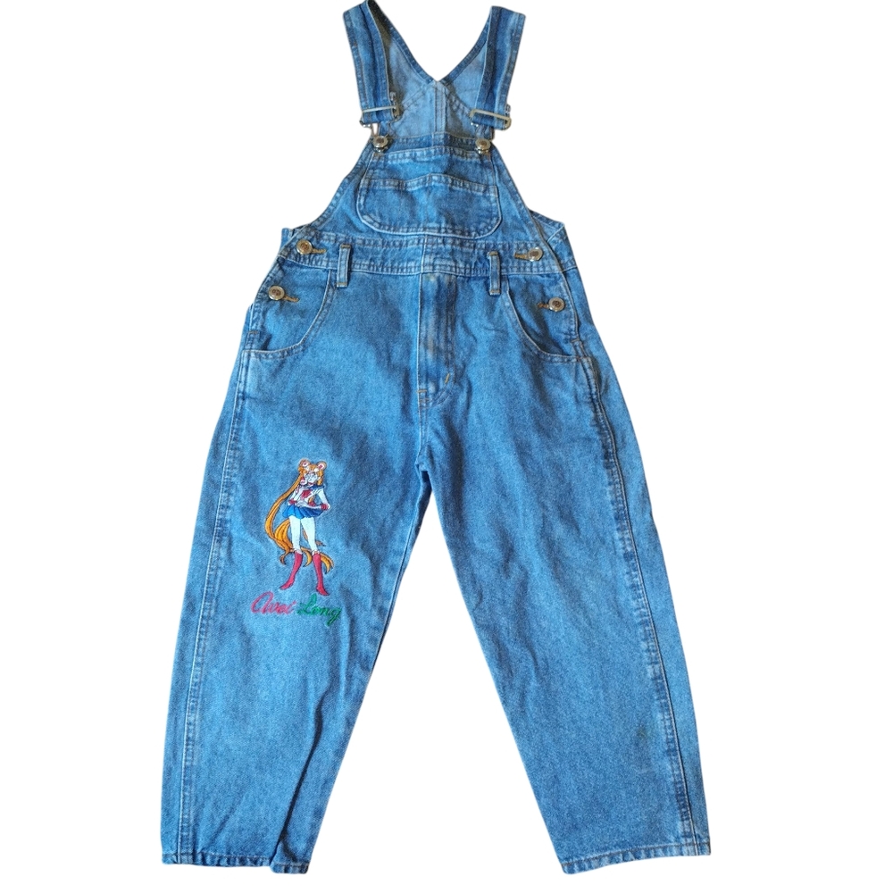 Vintage 90s Sailor Moon Embroidered Denim Overalls girls sz S Please Read!